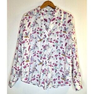 CHARTER CLUB LUXURY Floral 100% Linen Popover Top Womens M Coastal Beachy Resort